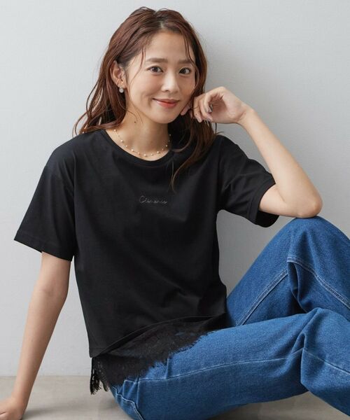 index / インデックス Tシャツ | ロゴ刺繍レースヘムTシャツ【洗濯機OK/接触冷感/UVケア】(ブラック(019))