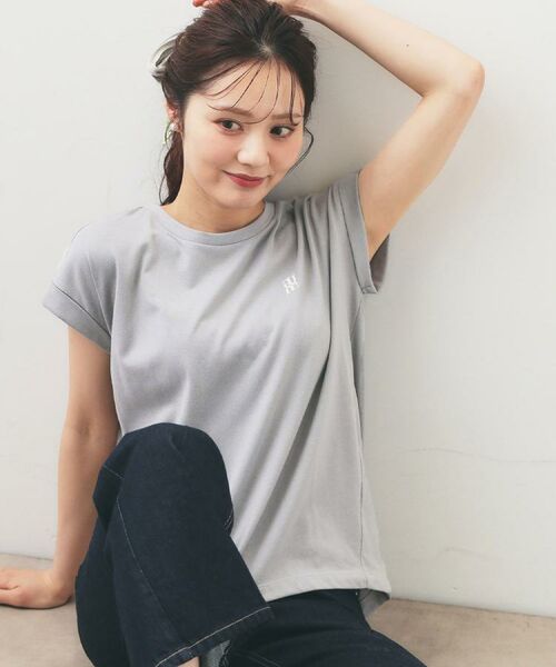 index / インデックス カットソー | ワンポイント刺繍ターンバックTシャツ【洗濯機OK/接触冷感/UVケア】(グレー(012))