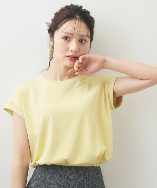 index / インデックス カットソー | ワンポイント刺繍ターンバックTシャツ【洗濯機OK/接触冷感/UVケア】(ライトイエロー(030))