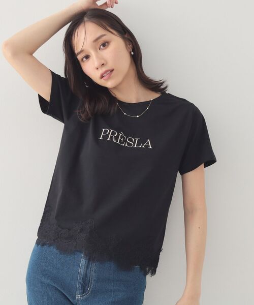 index / インデックス Tシャツ | レースヘムロゴTシャツ【洗濯機OK/接触冷感/UVケア】(ブラック(019))