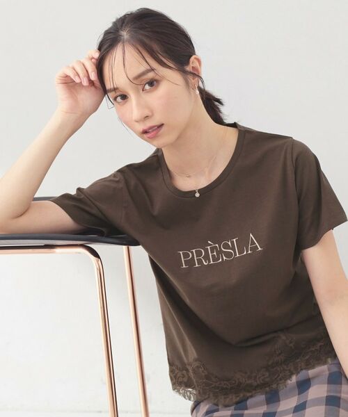 index / インデックス Tシャツ | レースヘムロゴTシャツ【洗濯機OK/接触冷感/UVケア】(ブラウン(044))