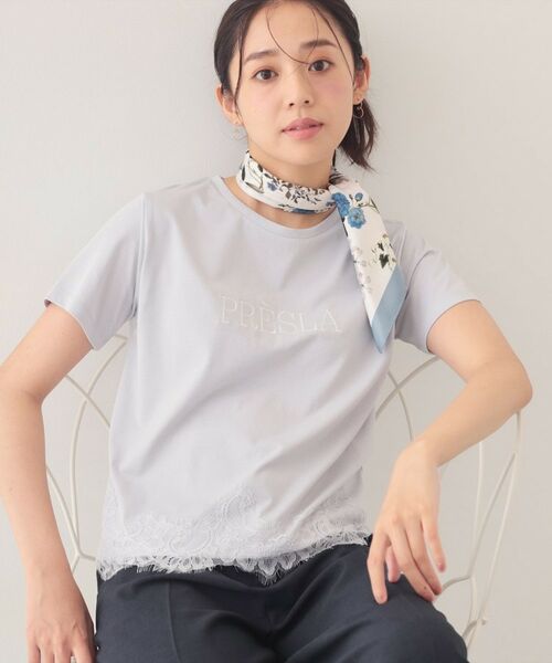 index / インデックス Tシャツ | レースヘムロゴTシャツ【洗濯機OK/接触冷感/UVケア】(サックスブルー(090))