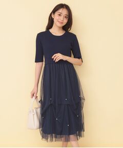 index / インデックス ロング・マキシ丈ワンピース | チュールパール調ドッキングニットワンピース【洗濯機OK／抗ピル】