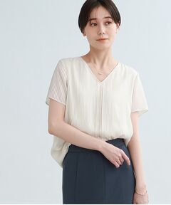 ◆【夏の通勤に最適！/洗える】シフォンストライプVネック半袖ブラウス