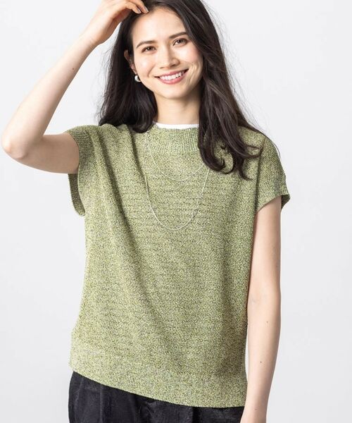 INDIVI / インディヴィ ニット・セーター | 【和紙混素材】フレンチスリーブミックスカラーニット(ミントグリーン(521))