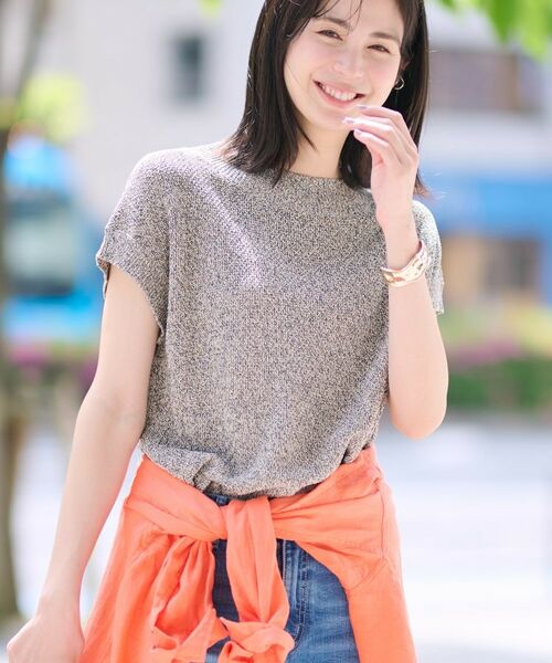 INDIVI / インディヴィ ニット・セーター | 【和紙混素材】フレンチスリーブミックスカラーニット(チャコールグレー(514))