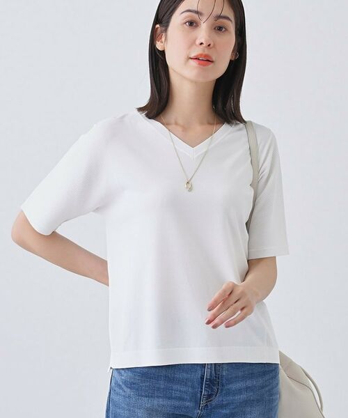 INDIVI / インディヴィ ニット・セーター | 【洗える/清涼感】レーヨンストレッチ 安心丈の半袖ニット(ホワイト(001))