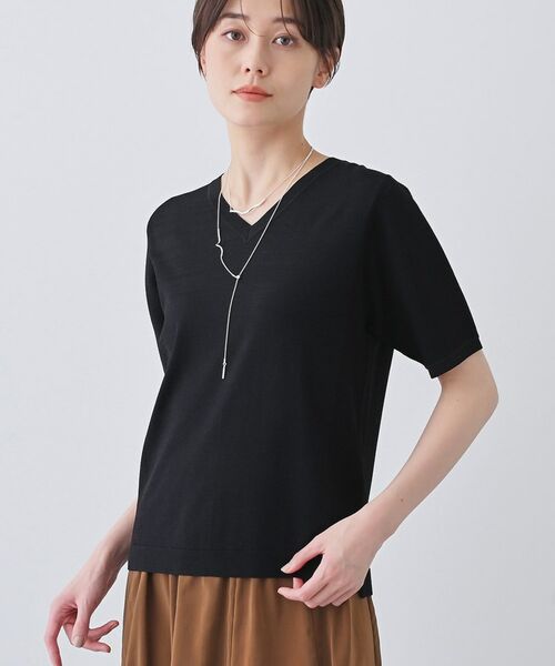 INDIVI / インディヴィ ニット・セーター | 【洗える/清涼感】レーヨンストレッチ 安心丈の半袖ニット(ブラック(019))