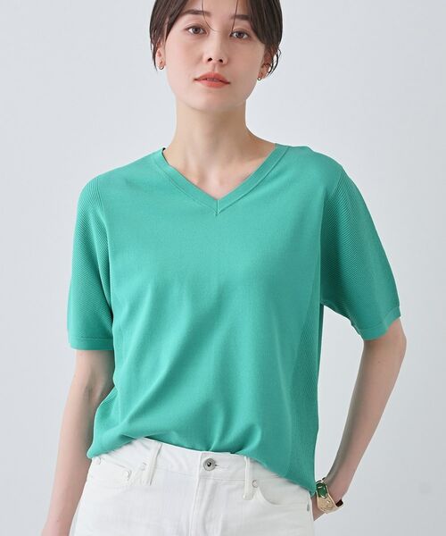 INDIVI / インディヴィ ニット・セーター | 【洗える/清涼感】レーヨンストレッチ 安心丈の半袖ニット(グリーン(022))