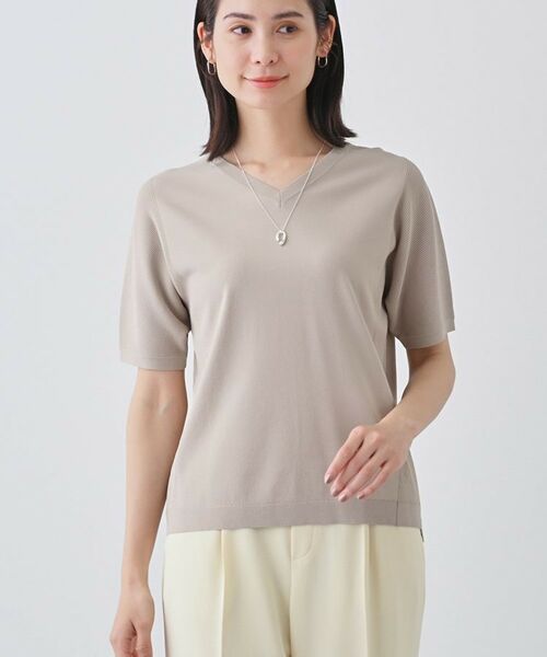 INDIVI / インディヴィ ニット・セーター | 【洗える/清涼感】レーヨンストレッチ 安心丈の半袖ニット(グレージュ(050))