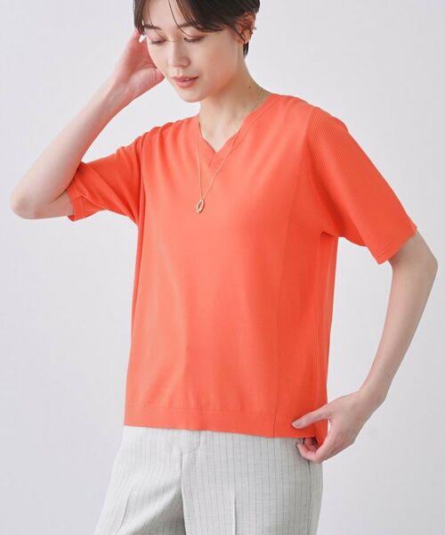 INDIVI / インディヴィ ニット・セーター | 【洗える/清涼感】レーヨンストレッチ 安心丈の半袖ニット(オレンジ(067))
