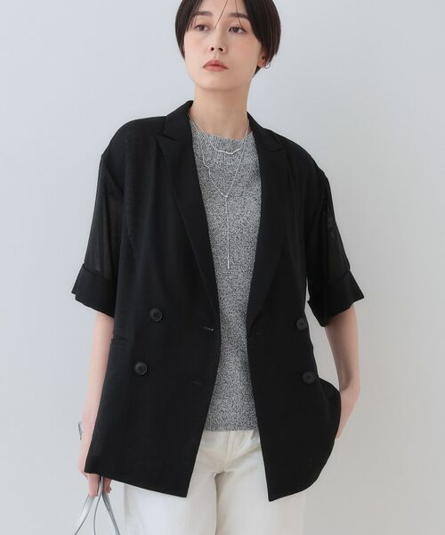 INDIVI / インディヴィ テーラードジャケット | 【洗える/メッシュ素材】リネンライク半袖ダブルジャケット(ブラック(019))