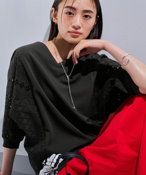 INDIVI / インディヴィ カットソー | 【洗える/体型カバー】レースコンビトップス(チャコールグレー(013))