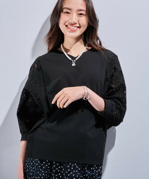 INDIVI / インディヴィ カットソー | 【洗える/体型カバー】レースコンビトップス(ブラック(019))