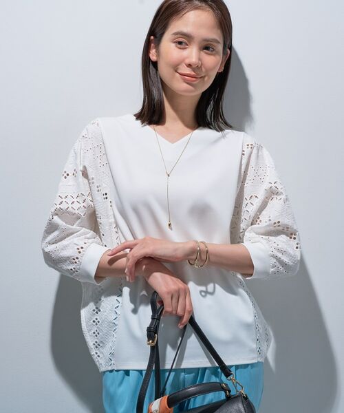 INDIVI / インディヴィ カットソー | 【洗える/体型カバー】レースコンビトップス(ホワイト(601))