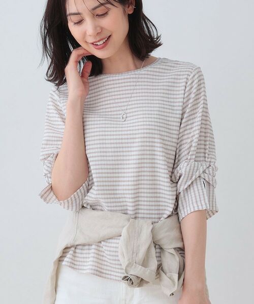 INDIVI / インディヴィ カットソー | 【洗える/吸水速乾/UVケア】ねじりデザイン袖カットソー(グレージュ(250))