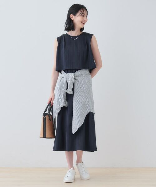 INDIVI / インディヴィ ミニ丈・ひざ丈ワンピース | 【洗える/UVケア/セット見え】ストライプ柄サテンワンピース | 詳細8