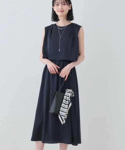 INDIVI / インディヴィ ミニ丈・ひざ丈ワンピース | 【洗える/UVケア/セット見え】ストライプ柄サテンワンピース(ネイビー(094))