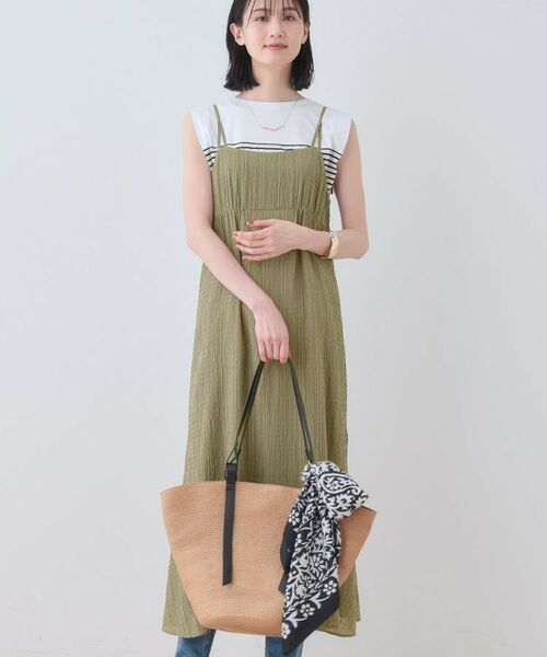 INDIVI / インディヴィ ワンピース | 【洗える/凹凸素材】シャーリング調素材キャミワンピース(オリーブグリーン(026))