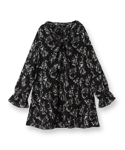 INDIVI / インディヴィ シャツ・ブラウス | 【モノトーン小花柄/シャーリング素材】ボリューム袖エアリーブラウス | 詳細1