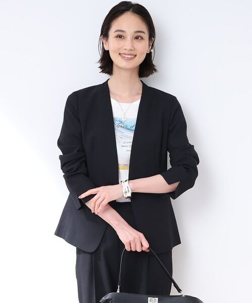 INDIVI / インディヴィ テーラードジャケット | 【洗える/スーツ/SETUP可能】リネン調ノーカラージャケット(ブラック(019))