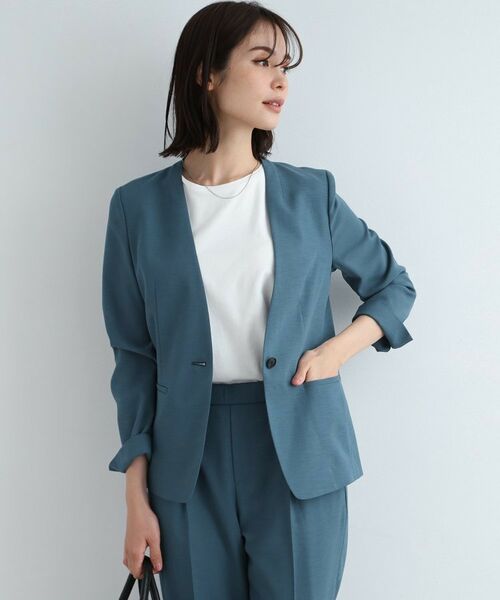INDIVI / インディヴィ テーラードジャケット | 【洗える/スーツ/SETUP可能】リネン調ノーカラージャケット(ライトブルー(691))
