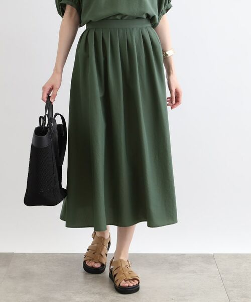 INDIVI / インディヴィ ロング・マキシ丈スカート | 【洗える/SETUP可能/ワッシャー素材】タックデザインスカート(グリーン(024))