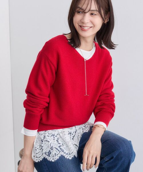 INDIVI / インディヴィ ニット・セーター | 【ウール混ラメ素材】Vネック煌めきニット(ボルドー(064))