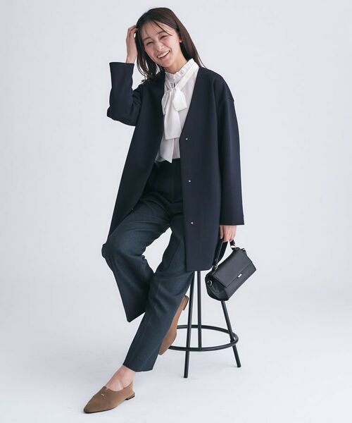 INDIVI / インディヴィ ノーカラージャケット | 【秋/軽羽織り】ノーカラーミドル丈ライトコート | 詳細8