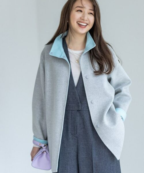 INDIVI/インディヴィ 【配色デザイン/ミドル丈】ウールリバー テントラインコート ライトグレー(511) 05(XXS) INDIVI/インディヴィ 【配色デザイン/ミドル丈】ウールリバー テントラインコート ライトグレー(511) 05(XXS)