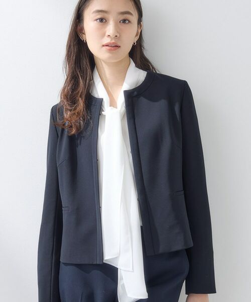 INDIVI / インディヴィ ノーカラージャケット | 【上品光沢/セレモニー/SETUP可能】切り替えデザインジャケット(ネイビー(094))