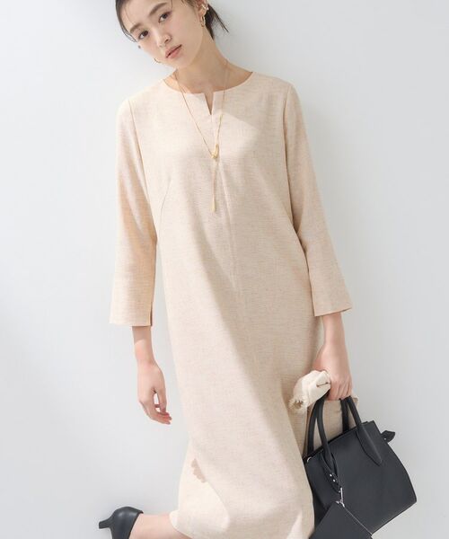 INDIVI / インディヴィ ミニ丈・ひざ丈ワンピース | 【軽量/セレモニー/SETUP可能】ストレッチツイードAラインワンピース(グレージュ(450))