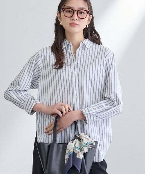 INDIVI / インディヴィ シャツ・ブラウス | 【2WAY／洗える】ラメストライプ コットン混シャツ（ネイビー(394)）