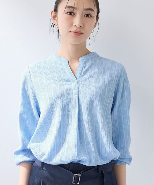 INDIVI / インディヴィ カットソー | 【洗える／着心地楽ちん】ブラウス風ストライプカットソートップス（サックスブルー(390)）