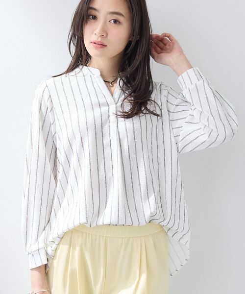 INDIVI / インディヴィ カットソー | 【洗える／着心地楽ちん】ブラウス風ストライプカットソートップス（ホワイト(301)）