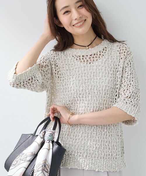 INDIVI / インディヴィ ニット・セーター | 【洗える／ラメ混／5分袖】イタリア糸ファンシーヤーンニット（ライトグレー(411)）