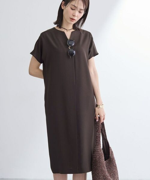 INDIVI / インディヴィ ミニ丈・ひざ丈ワンピース | 【洗える/UVケア/麻調】スキッパーワンピース(ブラウン(044))