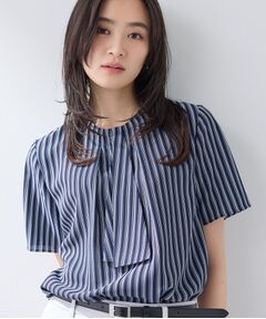 INDIVI / インディヴィ シャツ・ブラウス | 【洗える／UVケア】ストライプ柄＆無地 ボウタイ風 半袖ブラウス