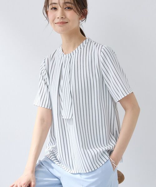 INDIVI / インディヴィ シャツ・ブラウス | 【洗える/UVケア】ストライプ柄&無地 ボウタイ風 半袖ブラウス | 詳細10