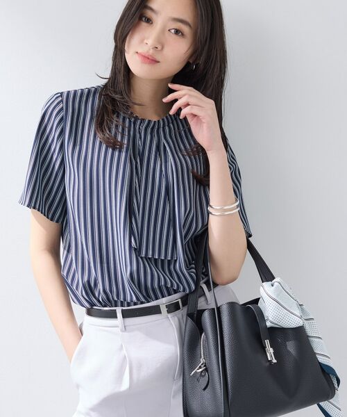 INDIVI / インディヴィ シャツ・ブラウス | 【洗える/UVケア】ストライプ柄&無地 ボウタイ風 半袖ブラウス | 詳細14