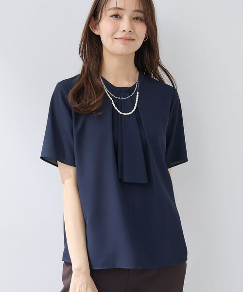 INDIVI / インディヴィ シャツ・ブラウス | 【洗える/UVケア】ストライプ柄&無地 ボウタイ風 半袖ブラウス(ネイビー(094))