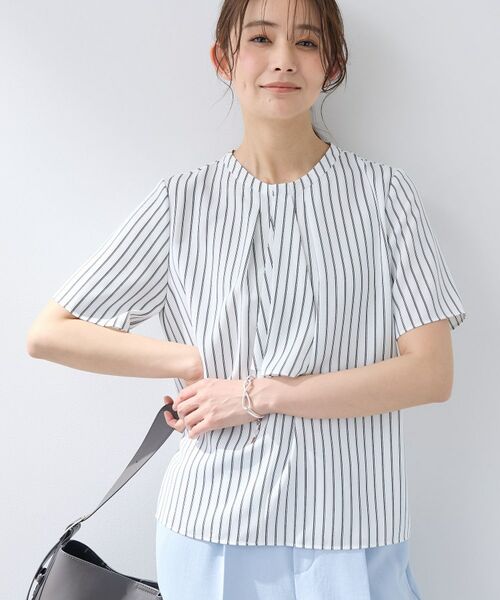 INDIVI / インディヴィ シャツ・ブラウス | 【洗える/UVケア】ストライプ柄&無地 ボウタイ風 半袖ブラウス(ホワイト(101))