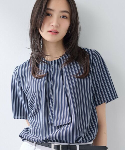 INDIVI / インディヴィ シャツ・ブラウス | 【洗える/UVケア】ストライプ柄&無地 ボウタイ風 半袖ブラウス(ネイビー(194))