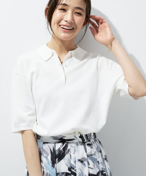 INDIVI / インディヴィ ニット・セーター | 【洗える／コットン】ドライタッチさらりポロ衿ニットT（ホワイト(001)）