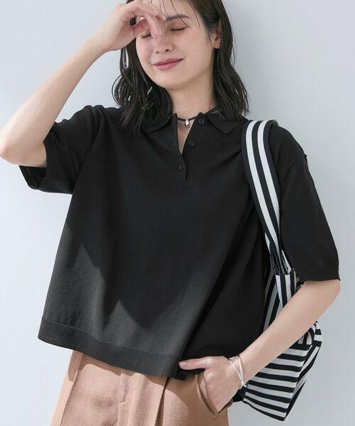 INDIVI / インディヴィ ニット・セーター | 【洗える／コットン】ドライタッチさらりポロ衿ニットT（ブラック(019)）