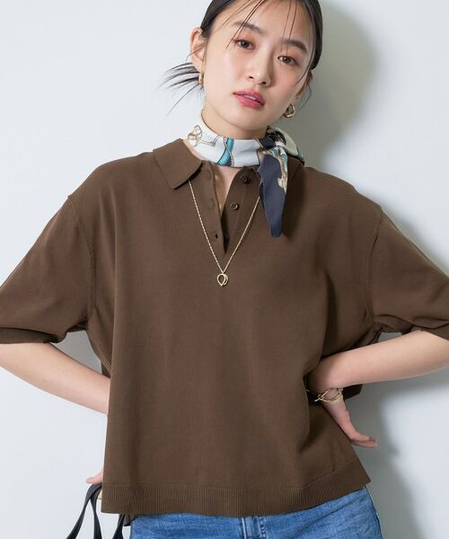 INDIVI / インディヴィ ニット・セーター | 【洗える／コットン】ドライタッチさらりポロ衿ニットT（ブラウン(044)）