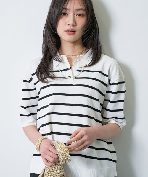 INDIVI / インディヴィ ニット・セーター | 【洗える／コットン】ドライタッチさらりポロ衿ニットT（ホワイト(301)）