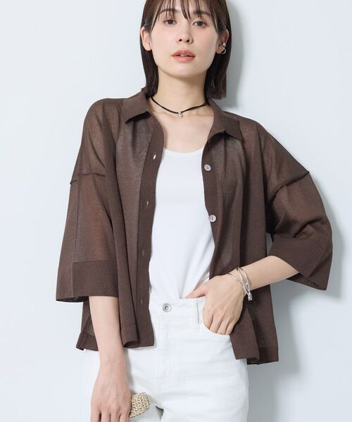 INDIVI / インディヴィ カーディガン・ボレロ | 【洗える／シアー】衿付きシャツライクニットカーディガン（ブラウン(044)）