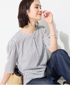 INDIVI / インディヴィ カットソー | 【UVケア／吸汗速乾】チェック柄タックボリュームスリーブトップス