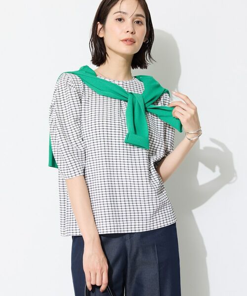 INDIVI / インディヴィ カットソー | 【UVケア／吸汗速乾】チェック柄タックボリュームスリーブトップス | 詳細1